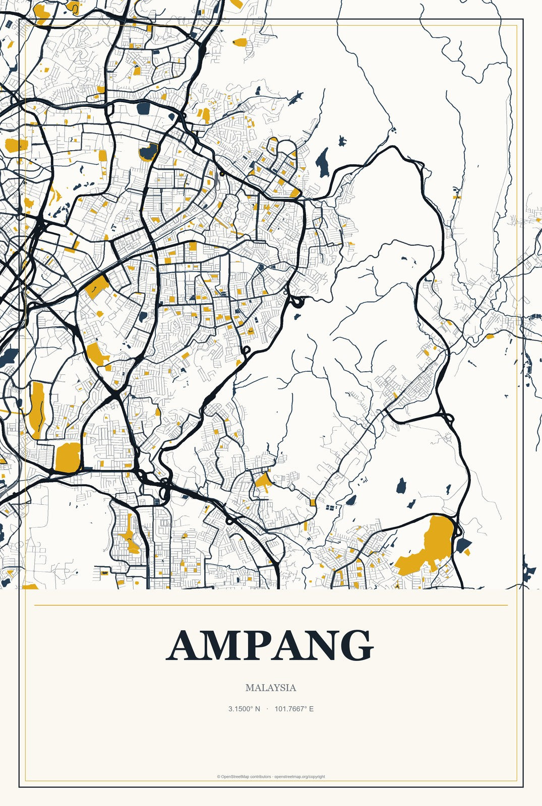Ampang, Malaysia City Map Aluminum Sign in Citrine Modern style