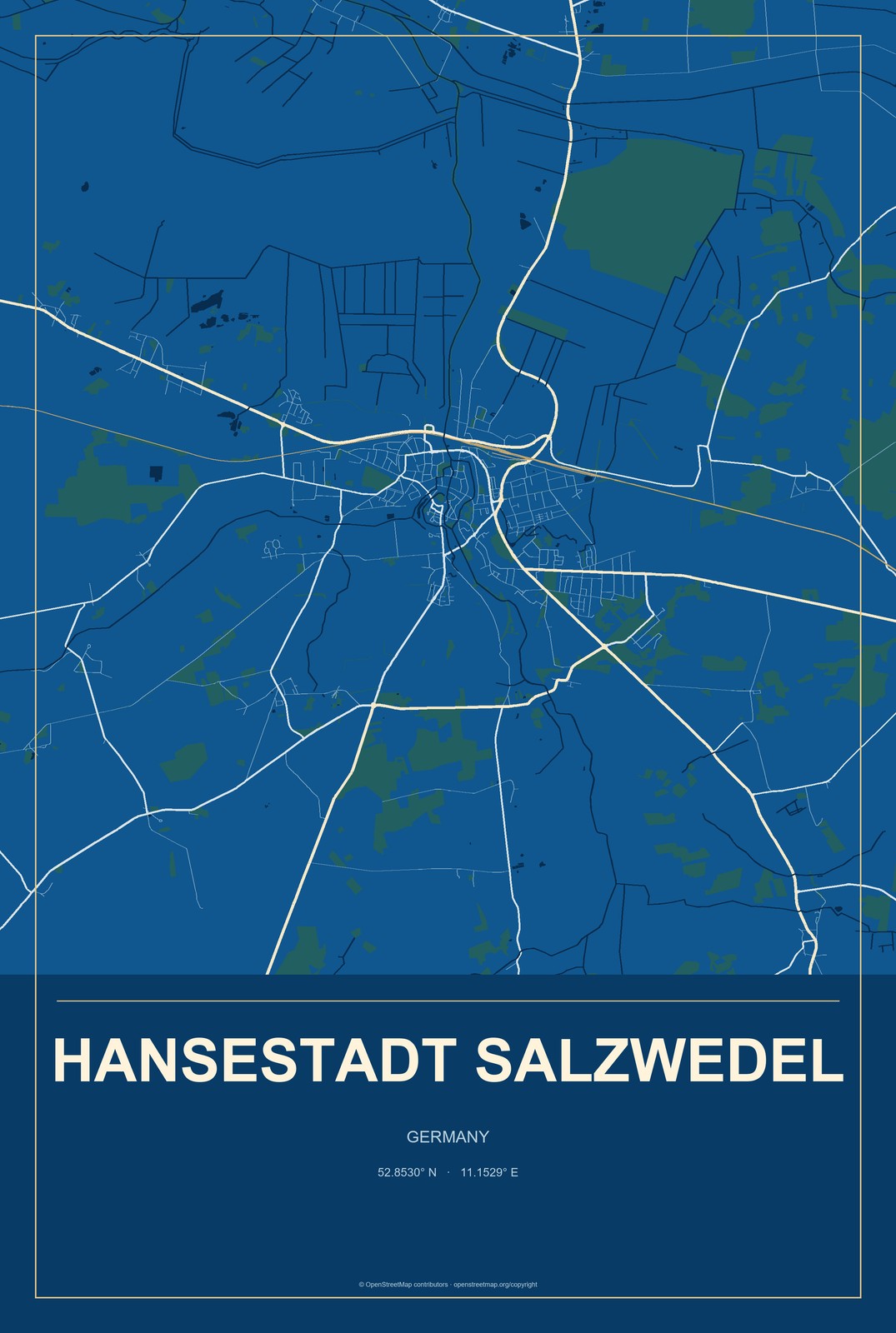 Hansestadt Salzwedel, Germany City Map Aluminum Sign in Harbor Cobalt style
