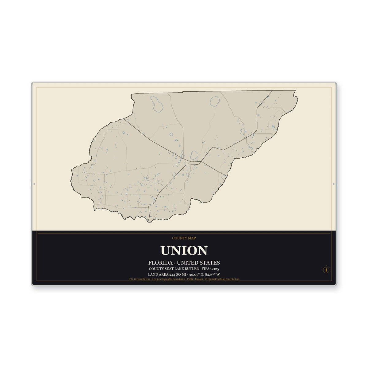 Union County, Florida Map Aluminum Sign in Museum Plaque style
