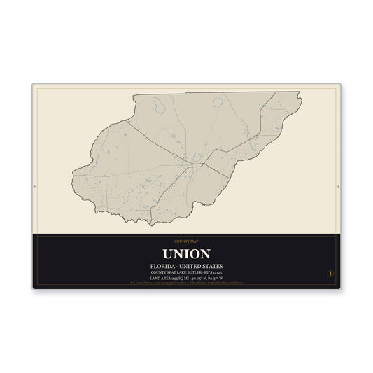 Union County, Florida Map Aluminum Sign in Museum Plaque style