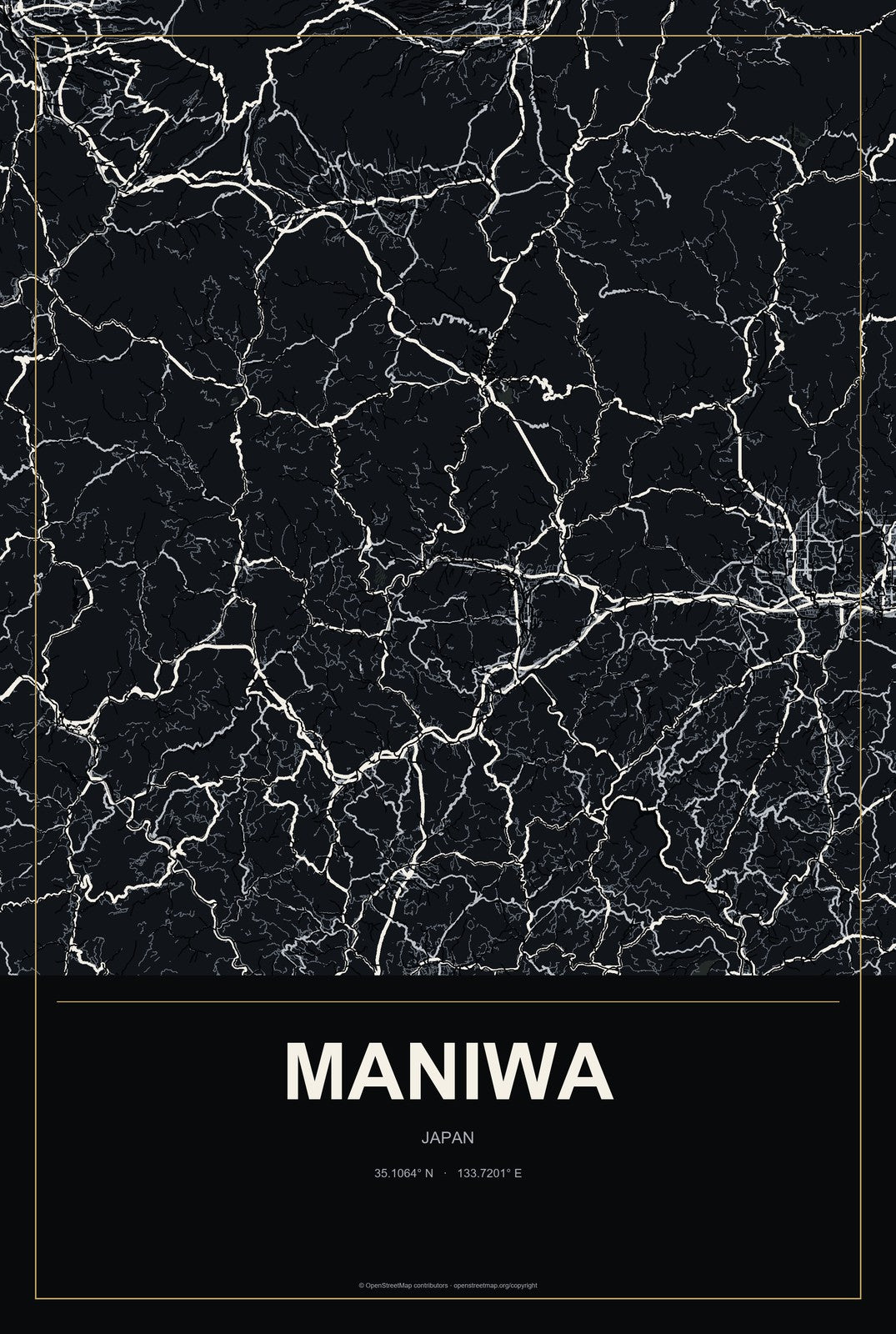 Maniwa, Japan City Map Aluminum Sign in Metropolitan Noir style
