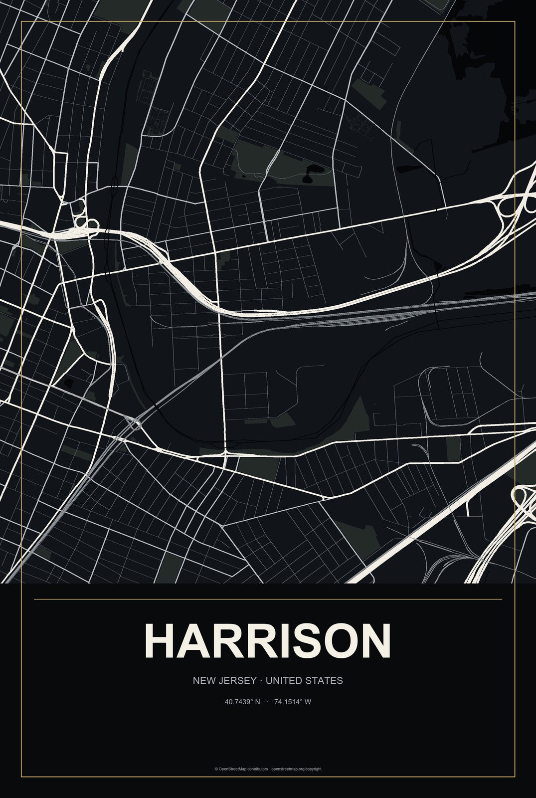 Harrison, New Jersey City Map Aluminum Sign in Metropolitan Noir style
