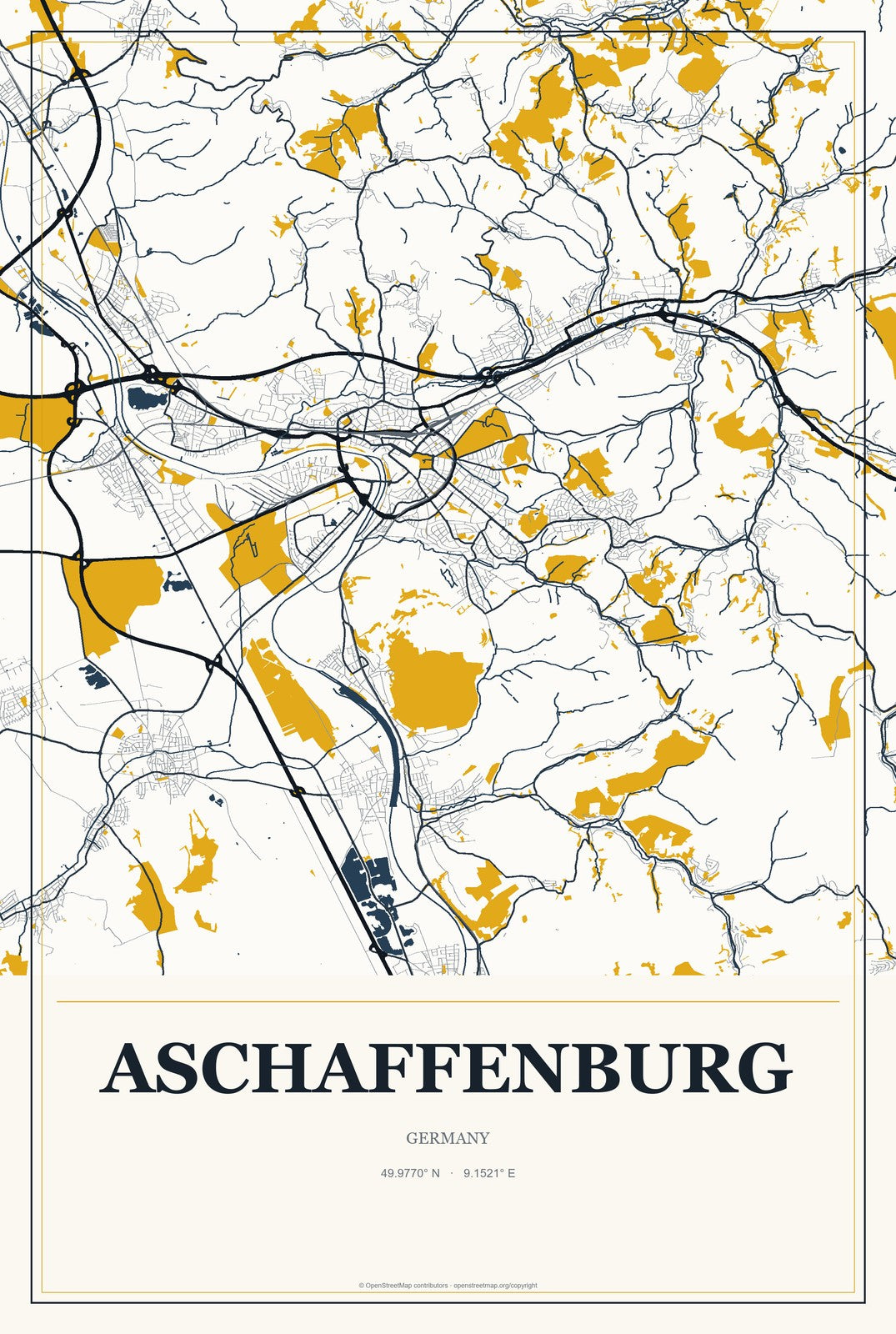 Aschaffenburg, Germany City Map Aluminum Sign in Citrine Modern style