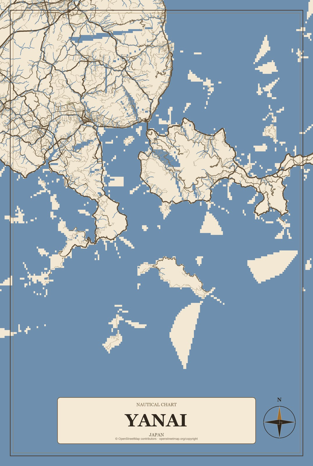 Yanai, Japan City Map Aluminum Sign in Heritage Nautical style