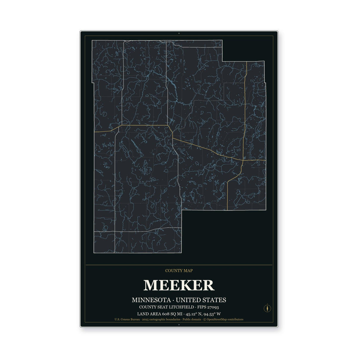 Meeker County, Minnesota Map Aluminum Sign in Metropolitan Noir style