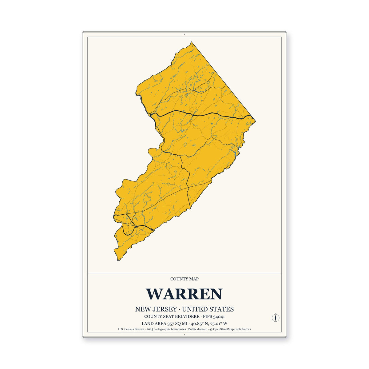 Warren County, New Jersey Map Aluminum Sign in Citrine Modern style