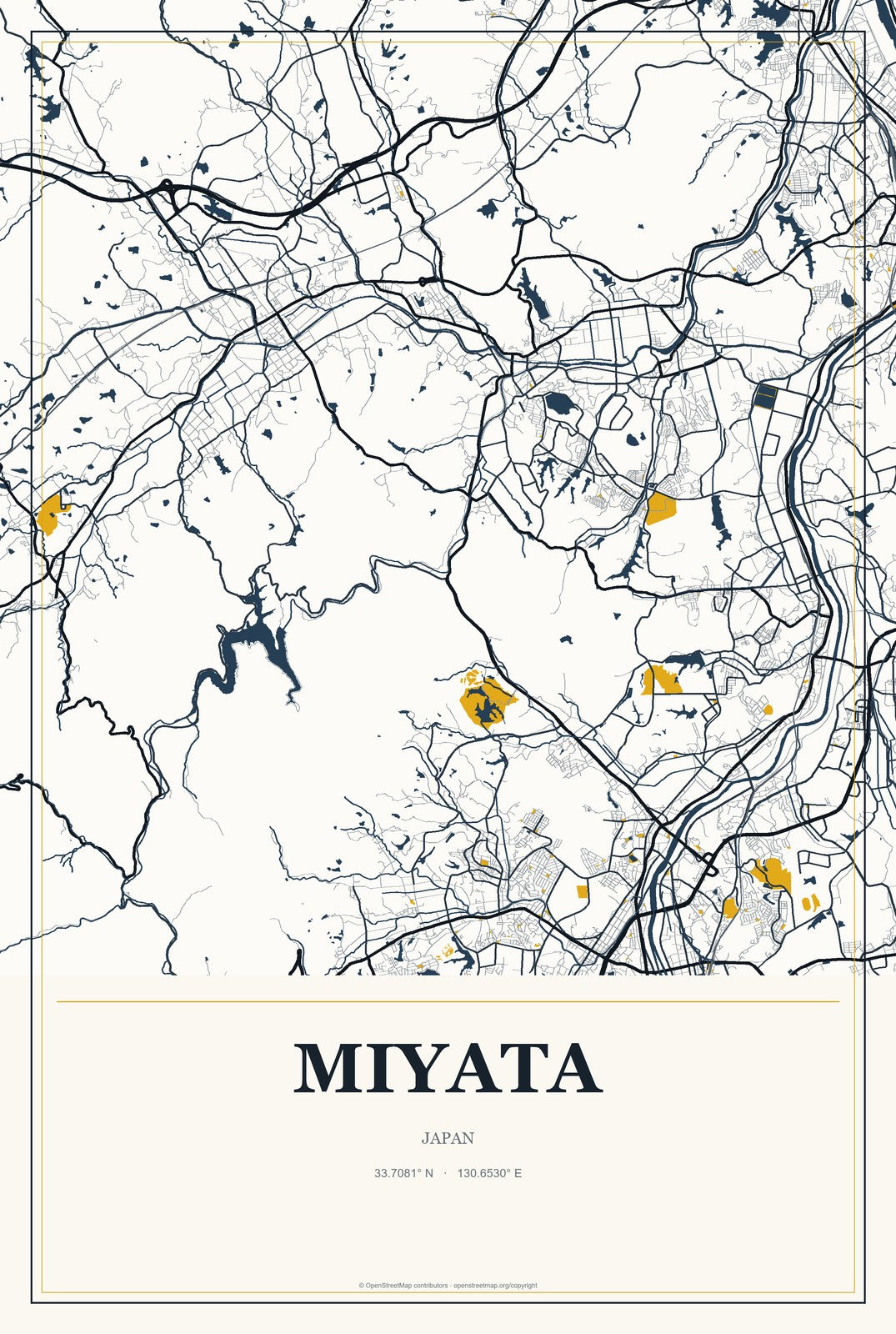 Miyata, Japan City Map Aluminum Sign in Citrine Modern style