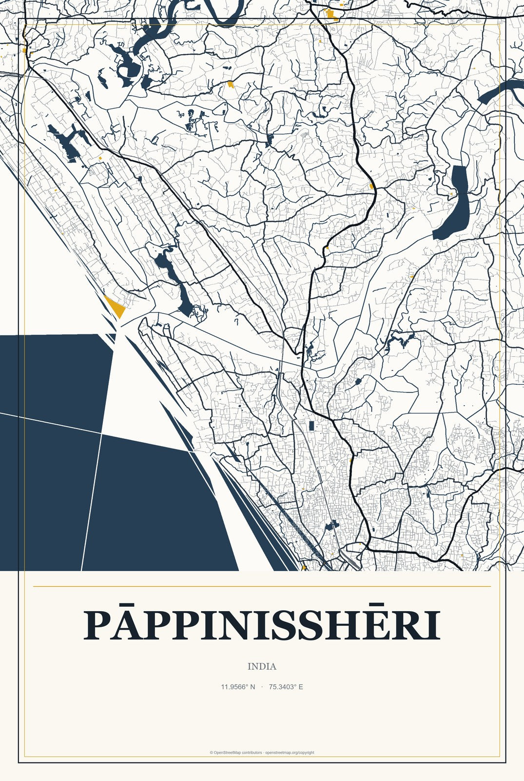 Pāppinisshēri, India City Map Aluminum Sign in Citrine Modern style