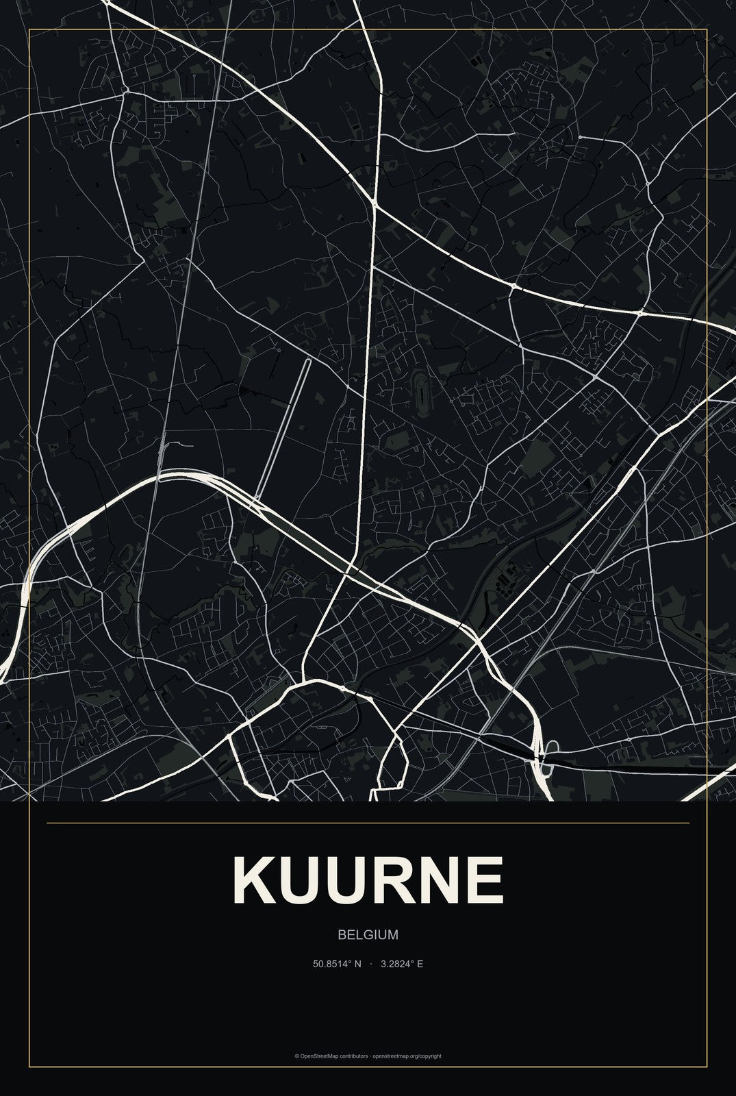 Kuurne, Belgium City Map Aluminum Sign in Metropolitan Noir style