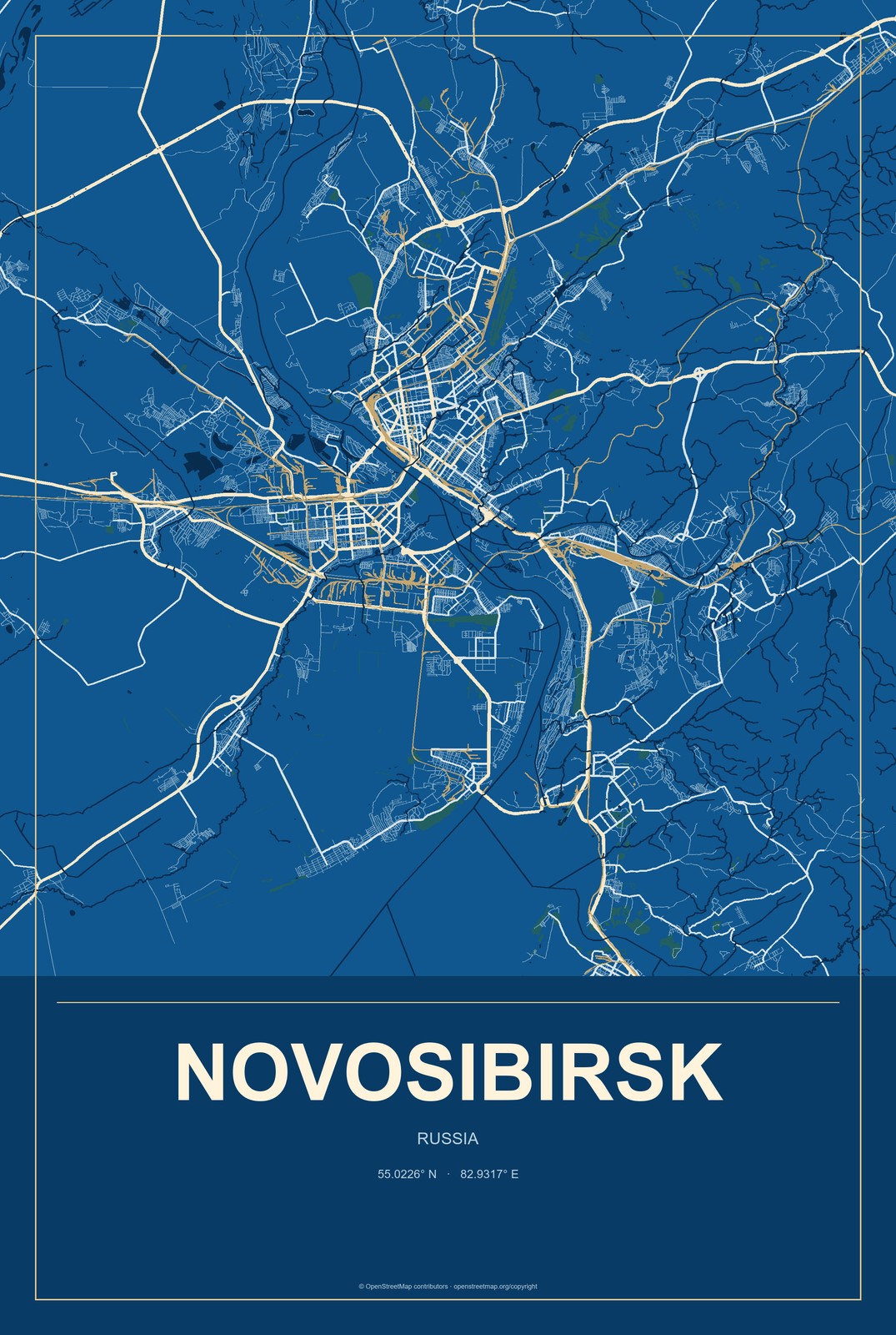 Novosibirsk, Russia City Map Aluminum Sign in Harbor Cobalt style