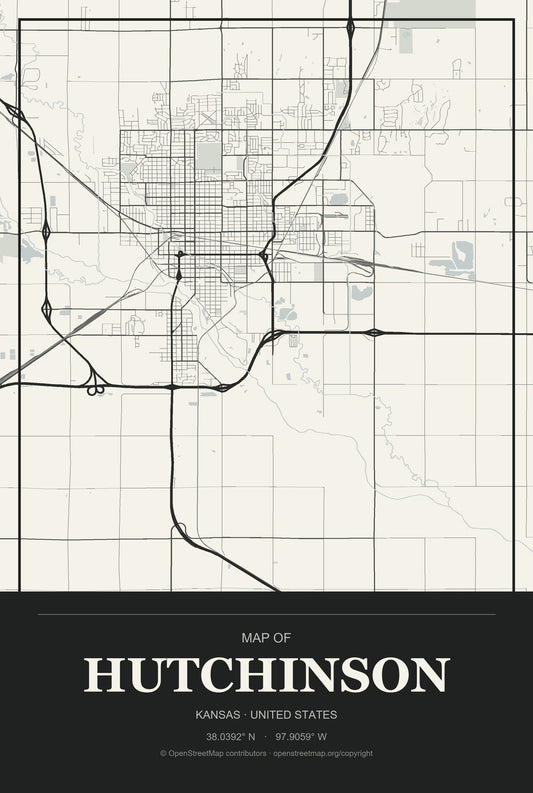 Hutchinson, Kansas City Map Aluminum Sign in Museum Plaque style