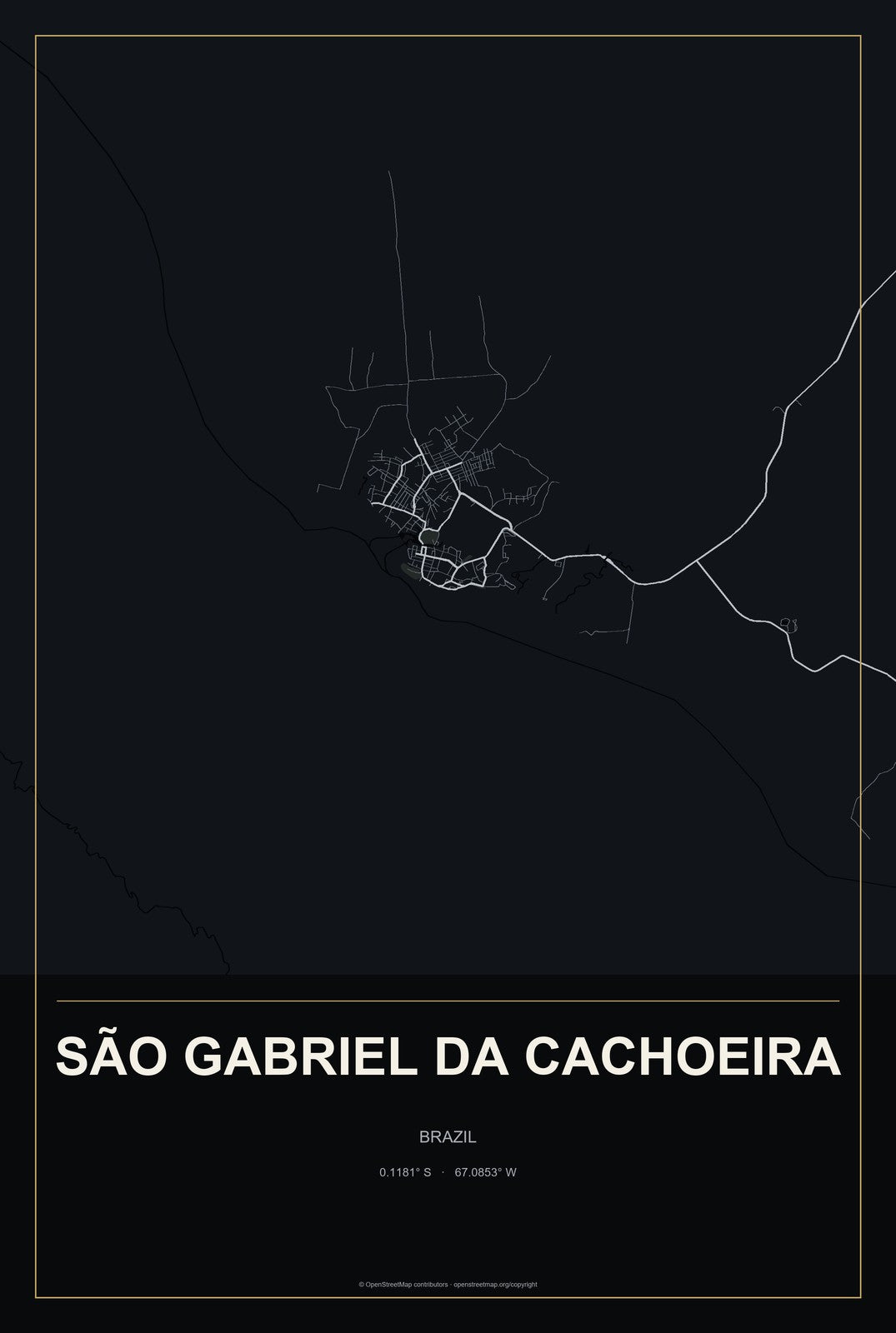 São Gabriel da Cachoeira, Brazil City Map Aluminum Sign in Metropolitan Noir style