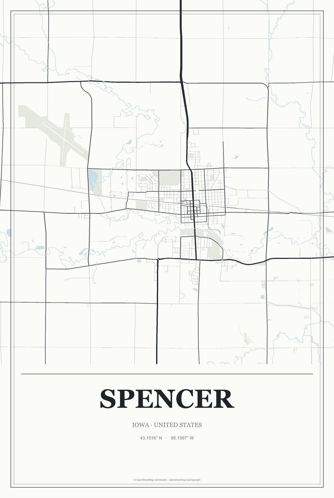 Spencer, Iowa City Map Aluminum Sign in Gallery Air style