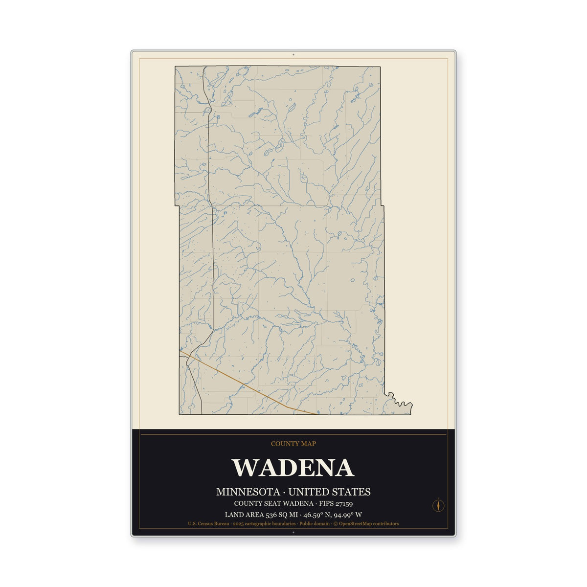 Wadena County, Minnesota Map Aluminum Sign in Museum Plaque style