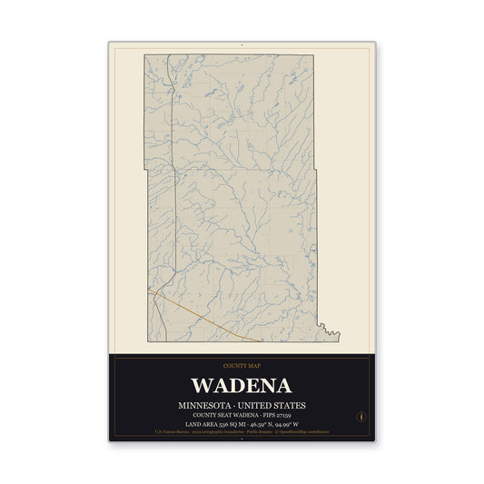Wadena County, Minnesota Map Aluminum Sign in Museum Plaque style