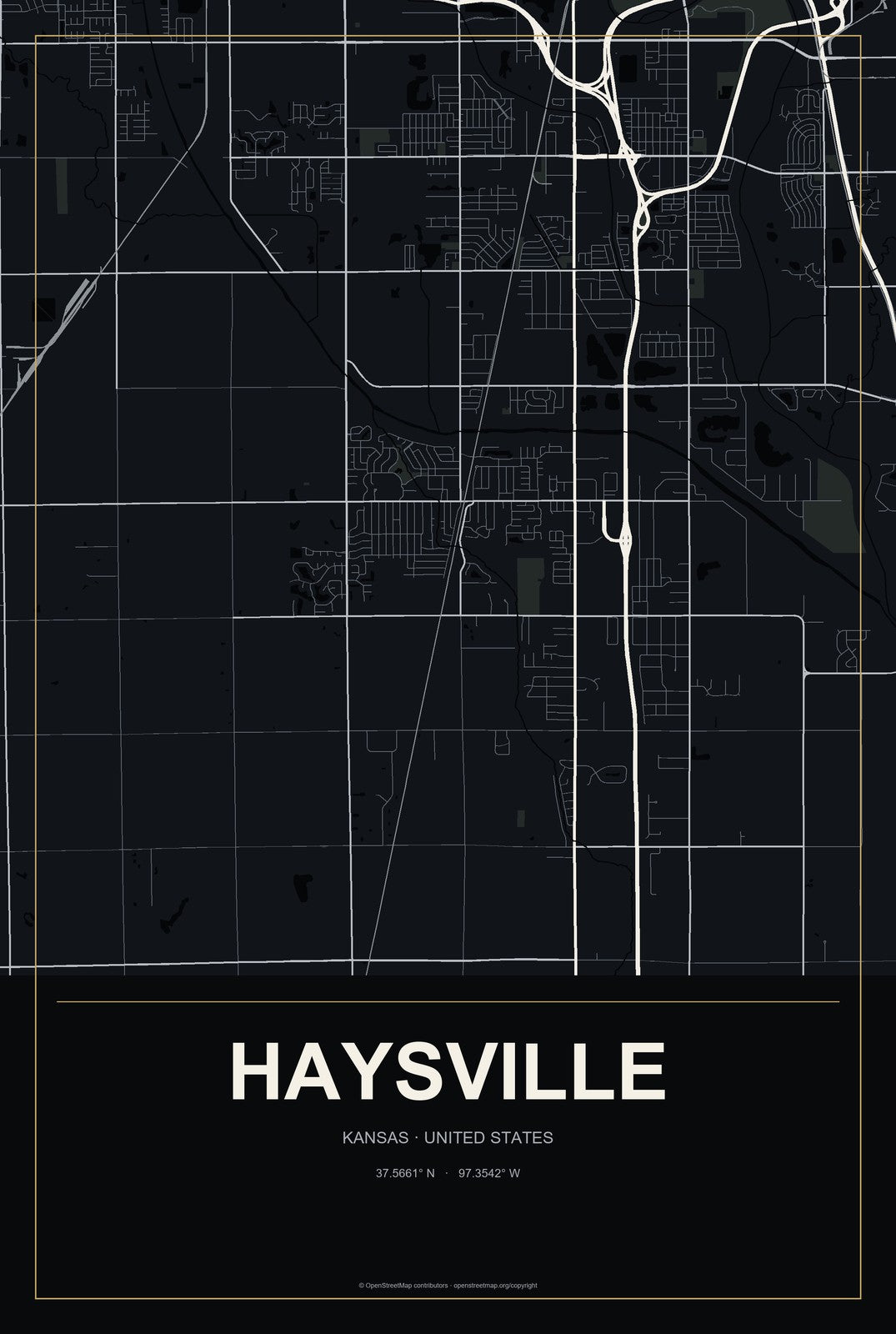 Haysville, Kansas City Map Aluminum Sign in Metropolitan Noir style