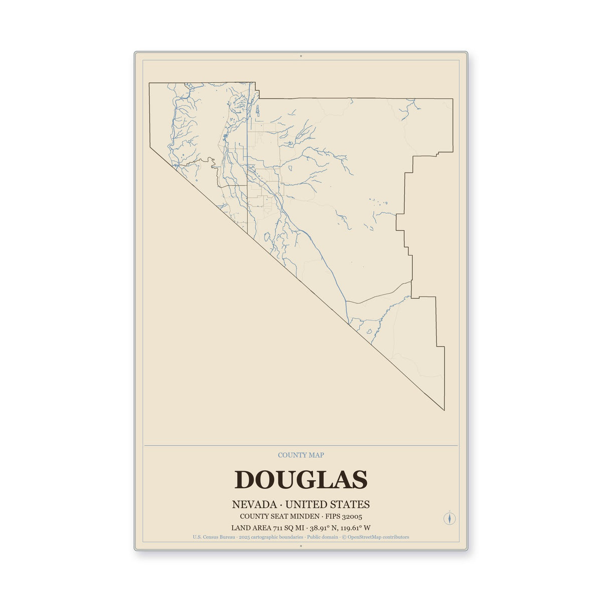 Douglas County, Nevada Map Aluminum Sign in Heritage Nautical style