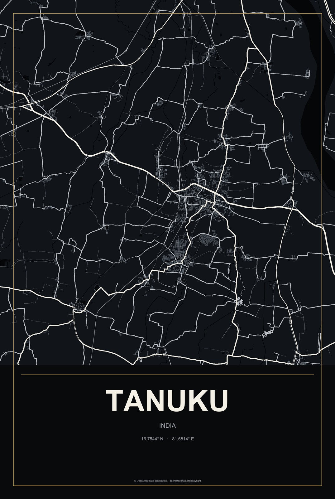 Tanuku, India City Map Aluminum Sign in Metropolitan Noir style