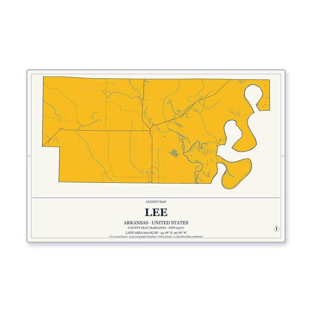 Lee County, Arkansas Map Aluminum Sign in Citrine Modern style