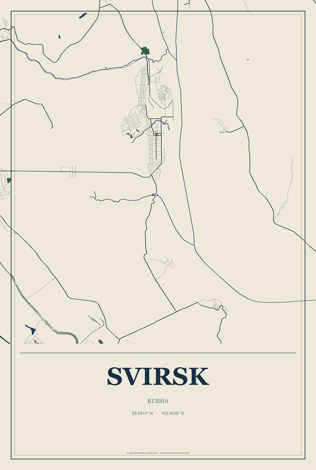 Svirsk, Russia City Map Aluminum Sign in Coastal Cutout style