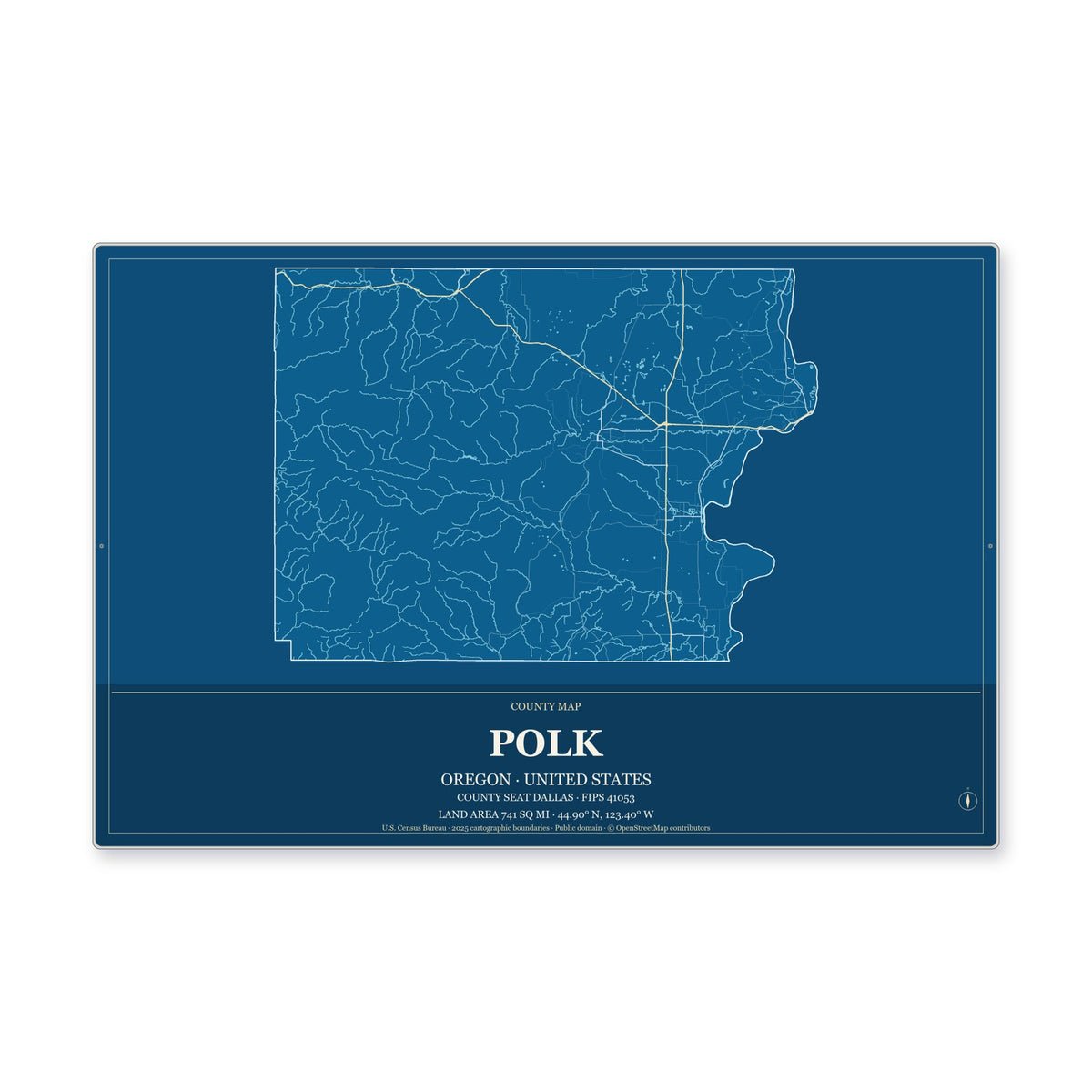 Polk County, Oregon Map Aluminum Sign in Harbor Cobalt style