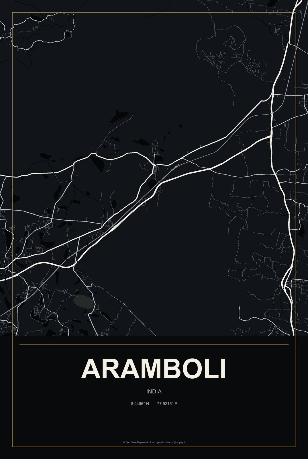 Aramboli, India City Map Aluminum Sign in Metropolitan Noir style