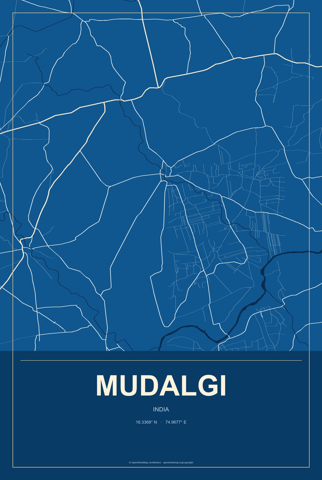 Mudalgi, India City Map Aluminum Sign in Harbor Cobalt style