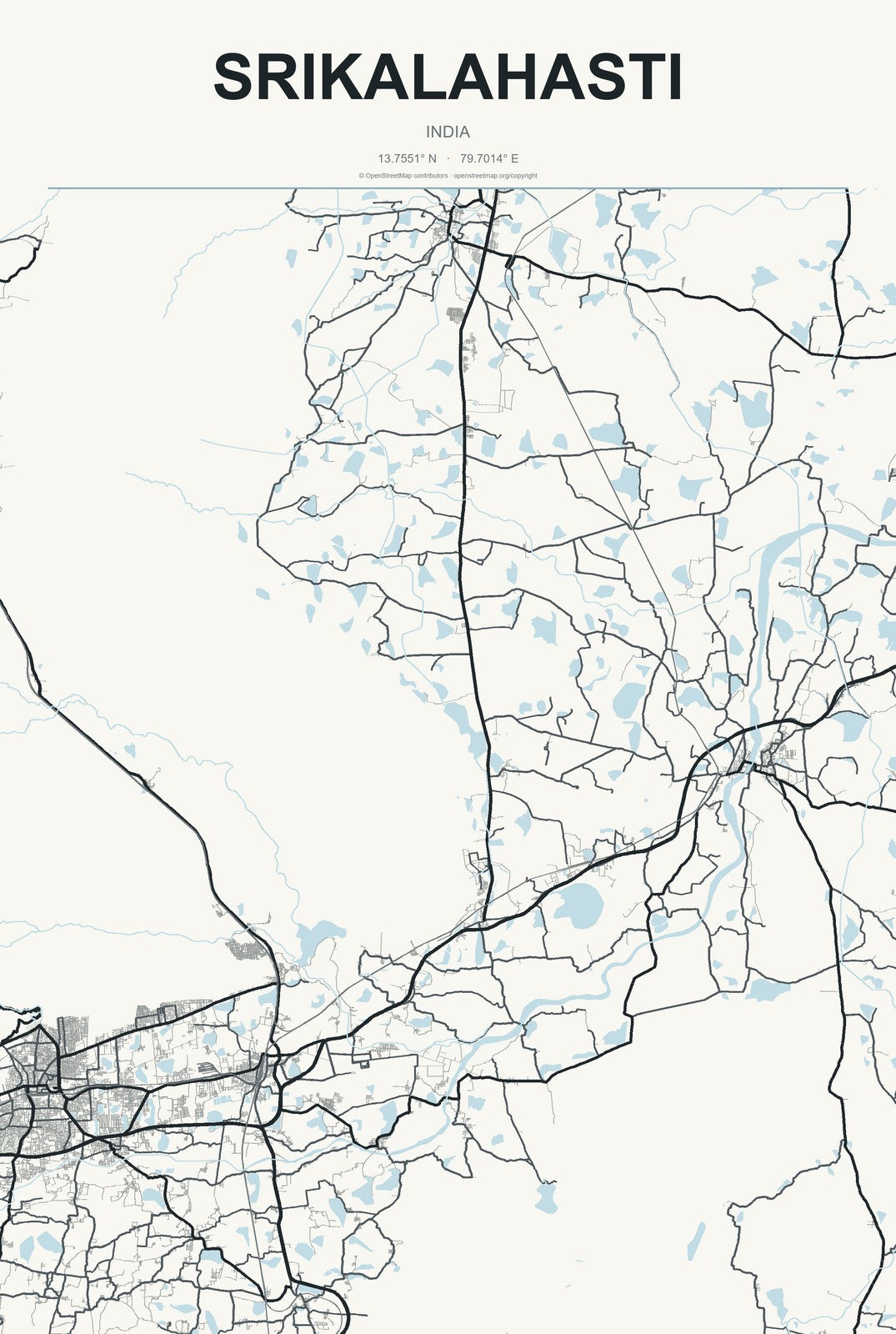 Srikalahasti, India City Map Aluminum Sign in Headline Atlas style