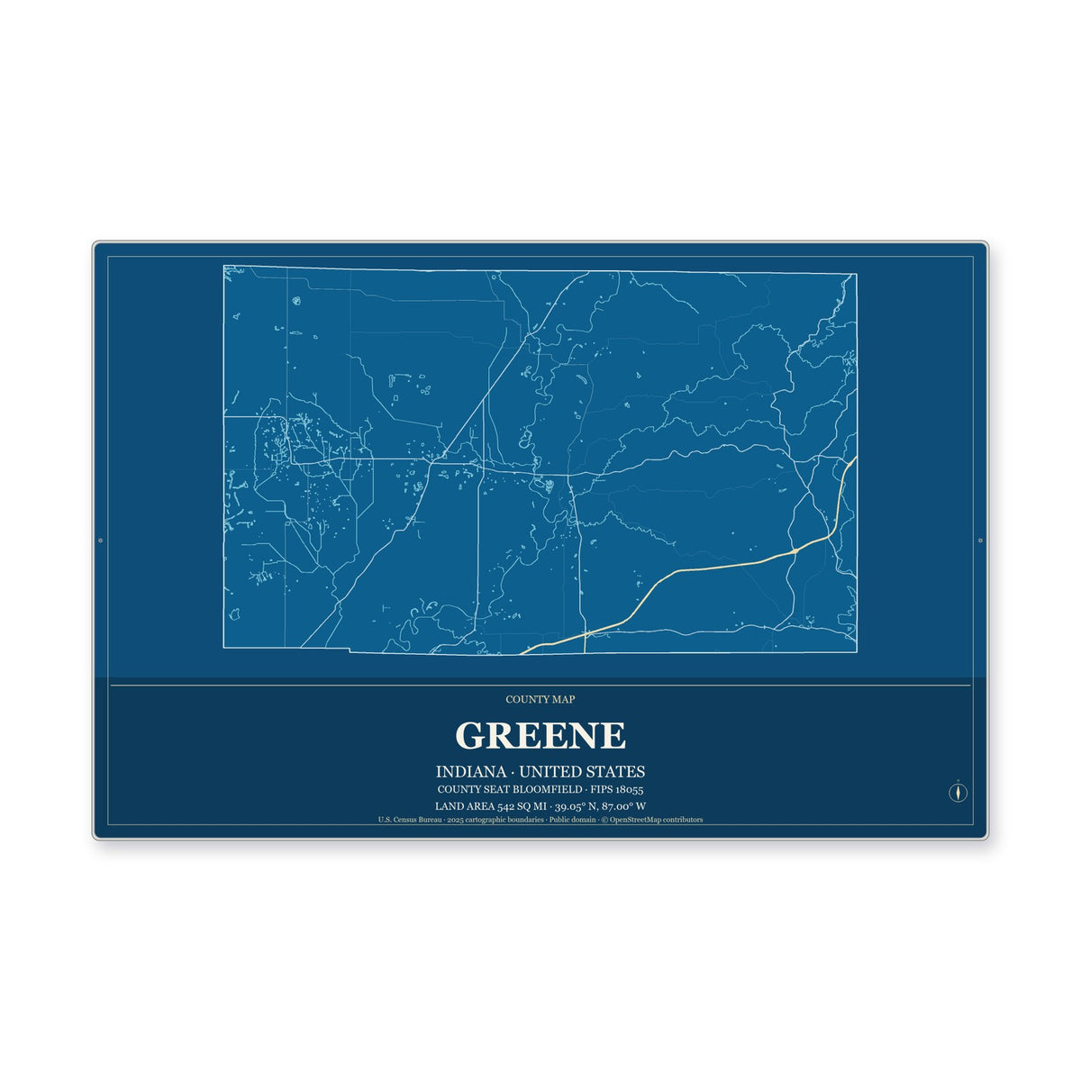 Greene County, Indiana Map Aluminum Sign in Harbor Cobalt style