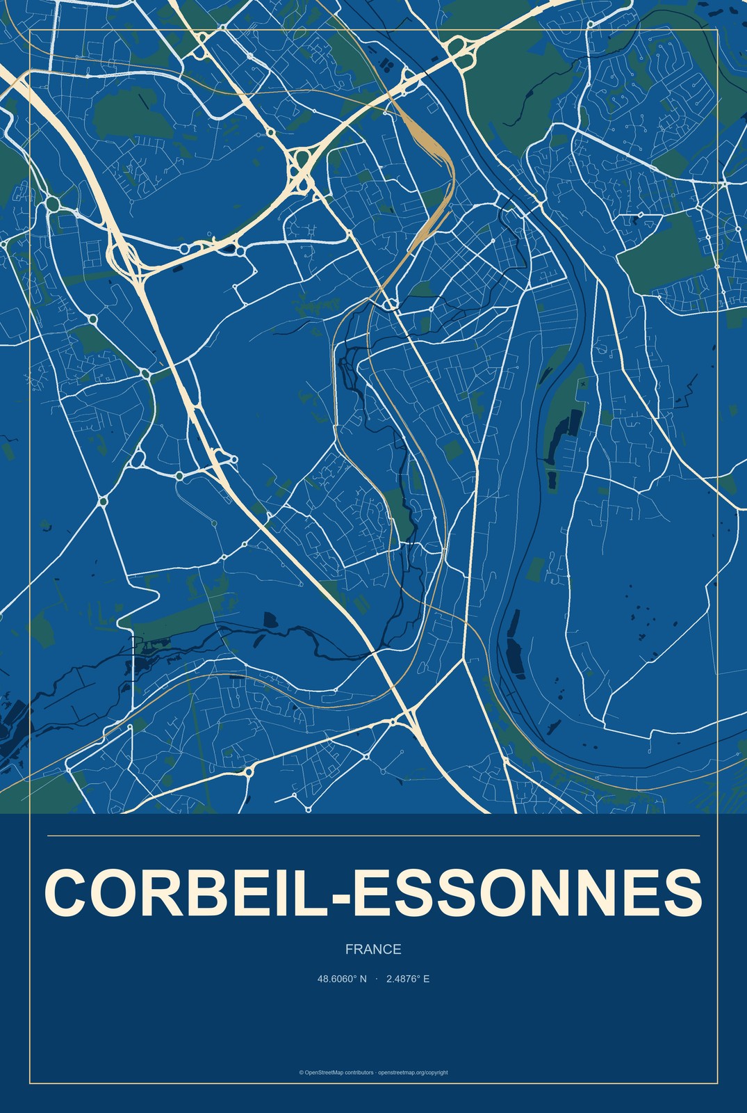 Corbeil-Essonnes, France City Map Aluminum Sign in Harbor Cobalt style