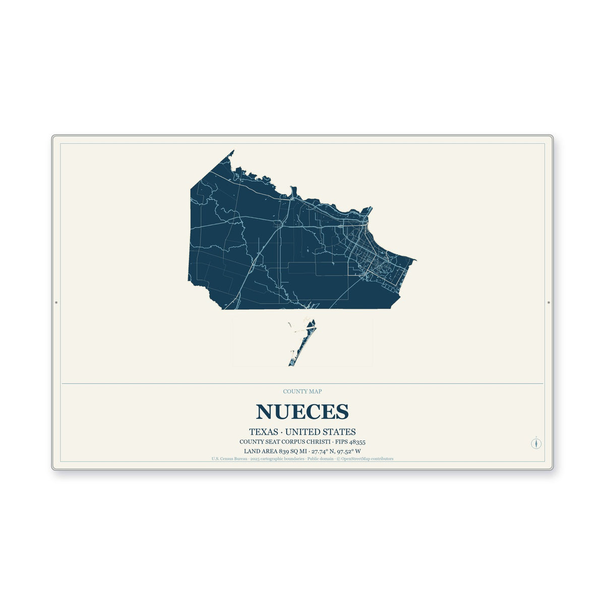 Nueces County, Texas Map Aluminum Sign in Coastal Cutout style