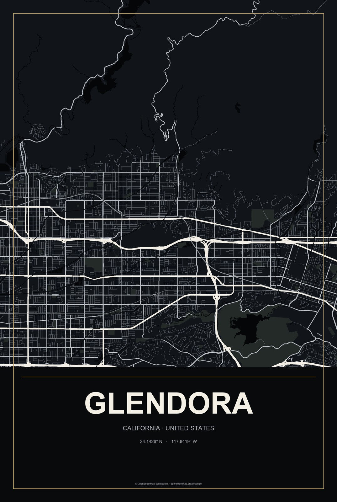 Glendora, California City Map Aluminum Sign in Metropolitan Noir style