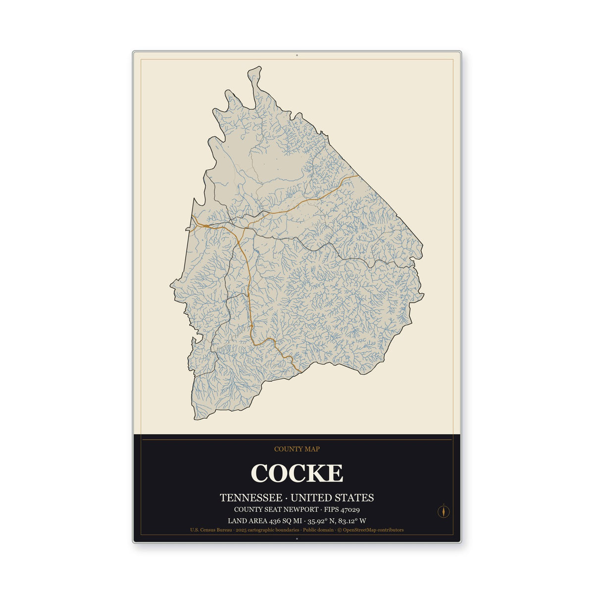 Cocke County, Tennessee Map Aluminum Sign in Museum Plaque style