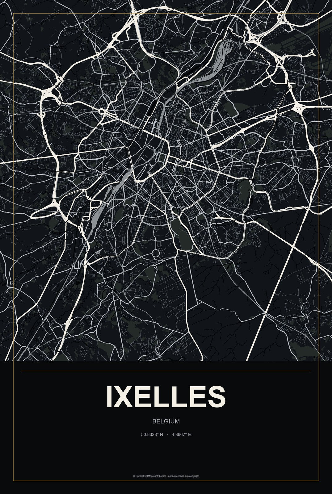 Ixelles, Belgium City Map Aluminum Sign in Metropolitan Noir style