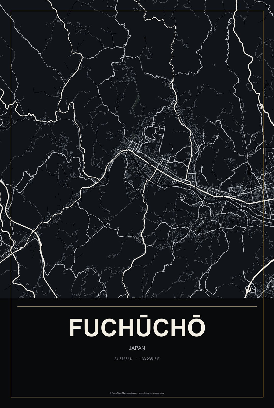 Fuchūchō, Japan City Map Aluminum Sign in Metropolitan Noir style