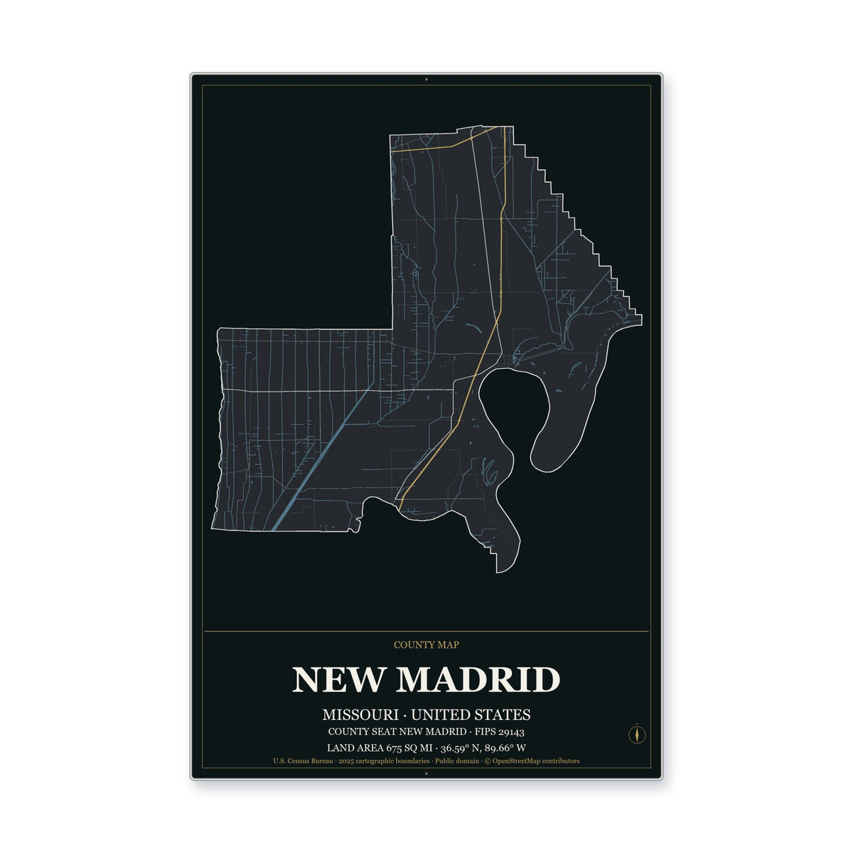 New Madrid County, Missouri Map Aluminum Sign in Metropolitan Noir style