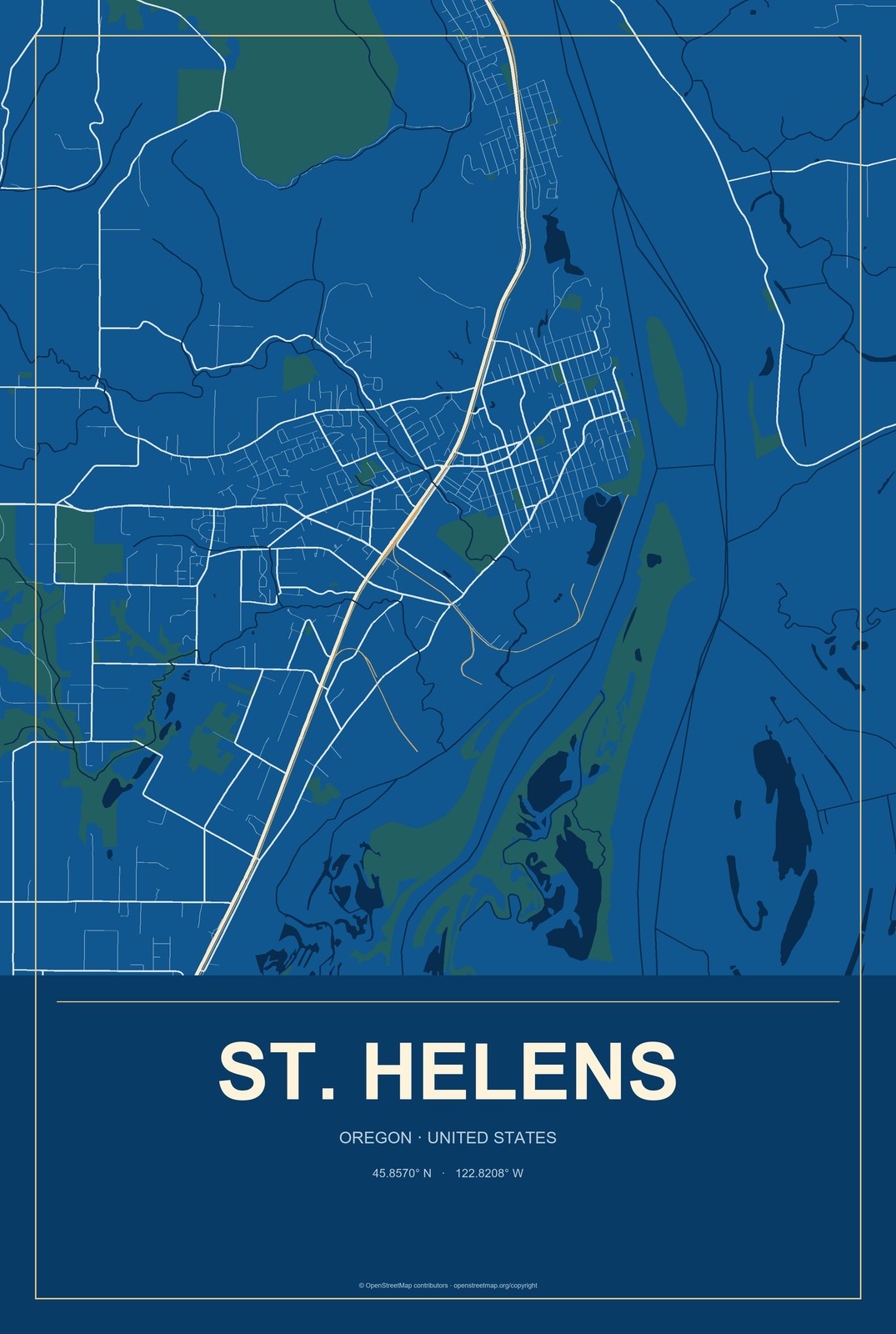 St. Helens, Oregon City Map Aluminum Sign in Harbor Cobalt style