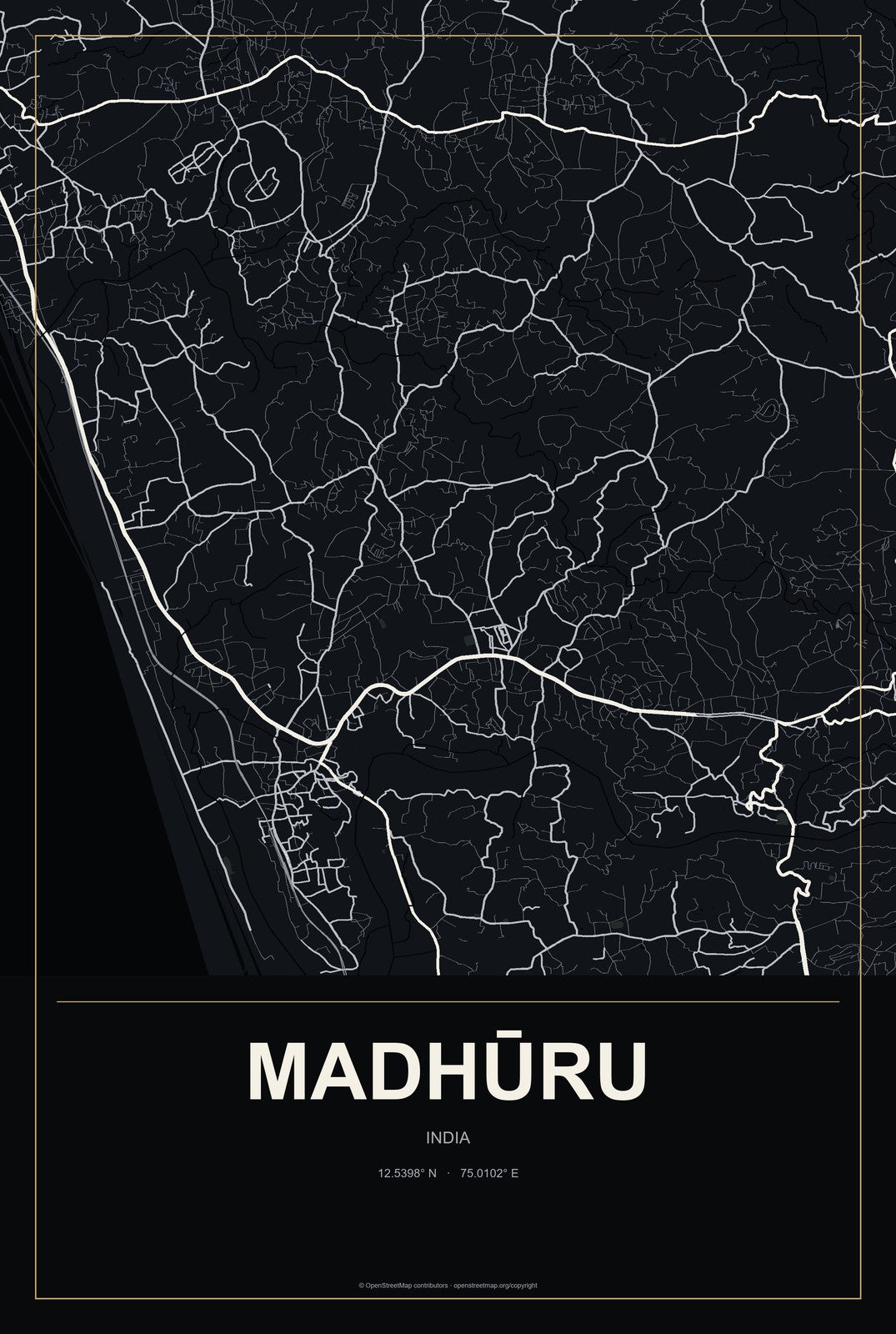 Madhūru, India City Map Aluminum Sign in Metropolitan Noir style