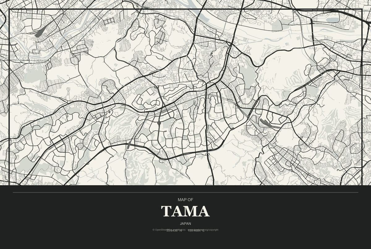 Tama, Japan City Map Aluminum Sign in Museum Plaque style