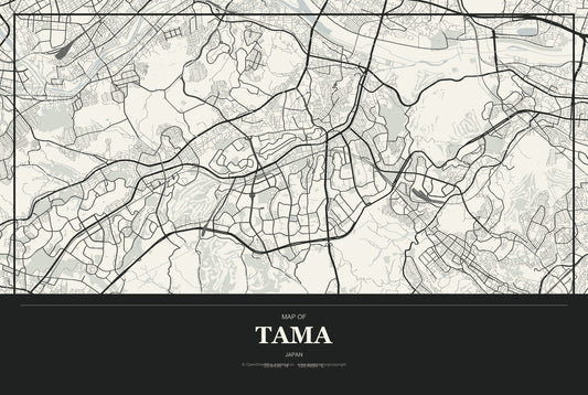 Tama, Japan City Map Aluminum Sign in Museum Plaque style