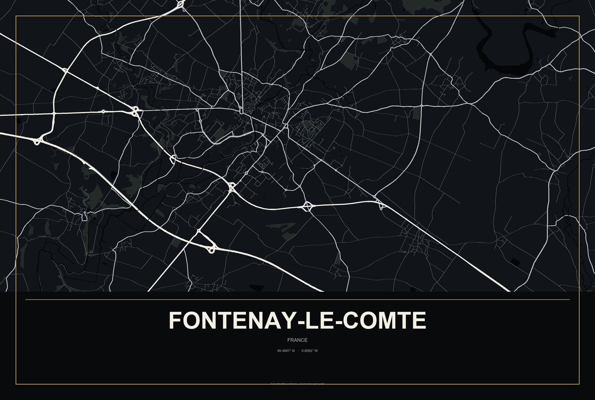 Fontenay-le-Comte, France City Map Aluminum Sign in Metropolitan Noir style