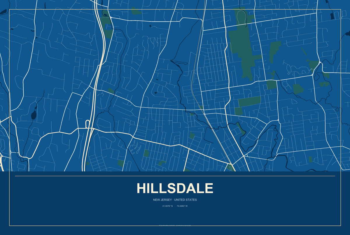 Hillsdale, New Jersey City Map Aluminum Sign in Harbor Cobalt style