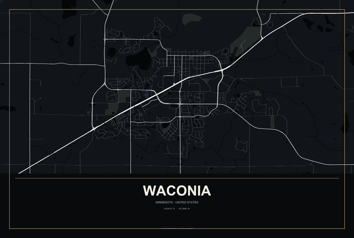 Waconia, Minnesota City Map Aluminum Sign in Metropolitan Noir style