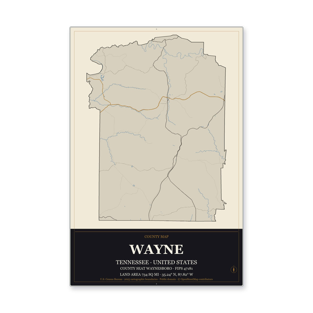 Wayne County, Tennessee Map Aluminum Sign in Museum Plaque style