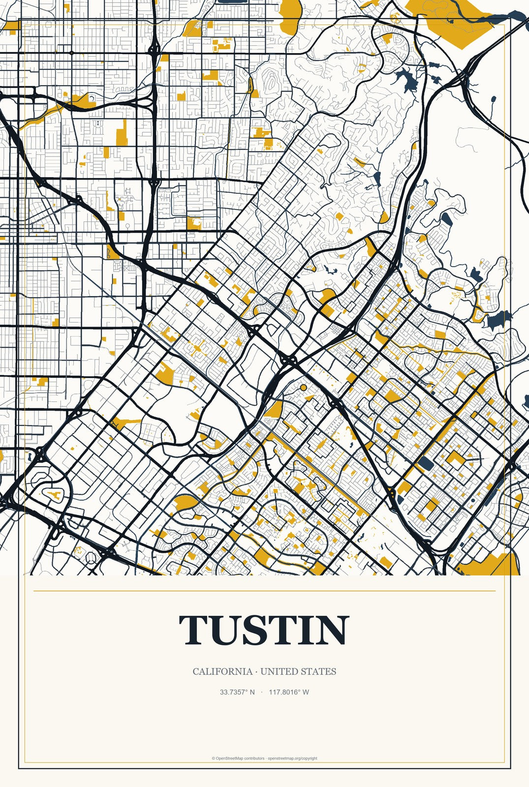 Tustin, California City Map Aluminum Sign in Citrine Modern style
