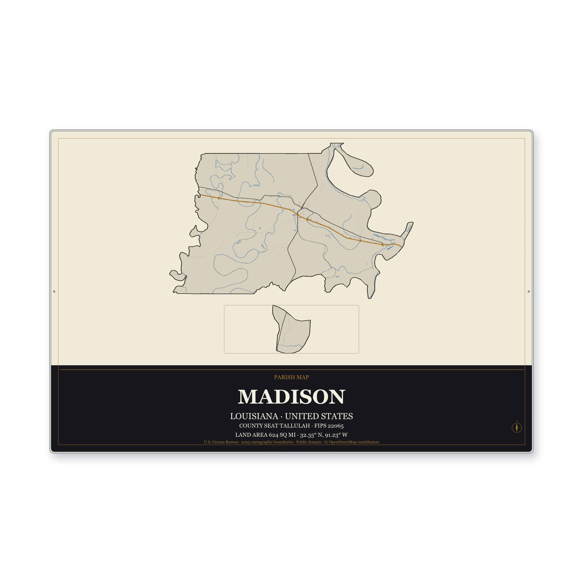 Madison Parish, Louisiana Map Aluminum Sign in Museum Plaque style