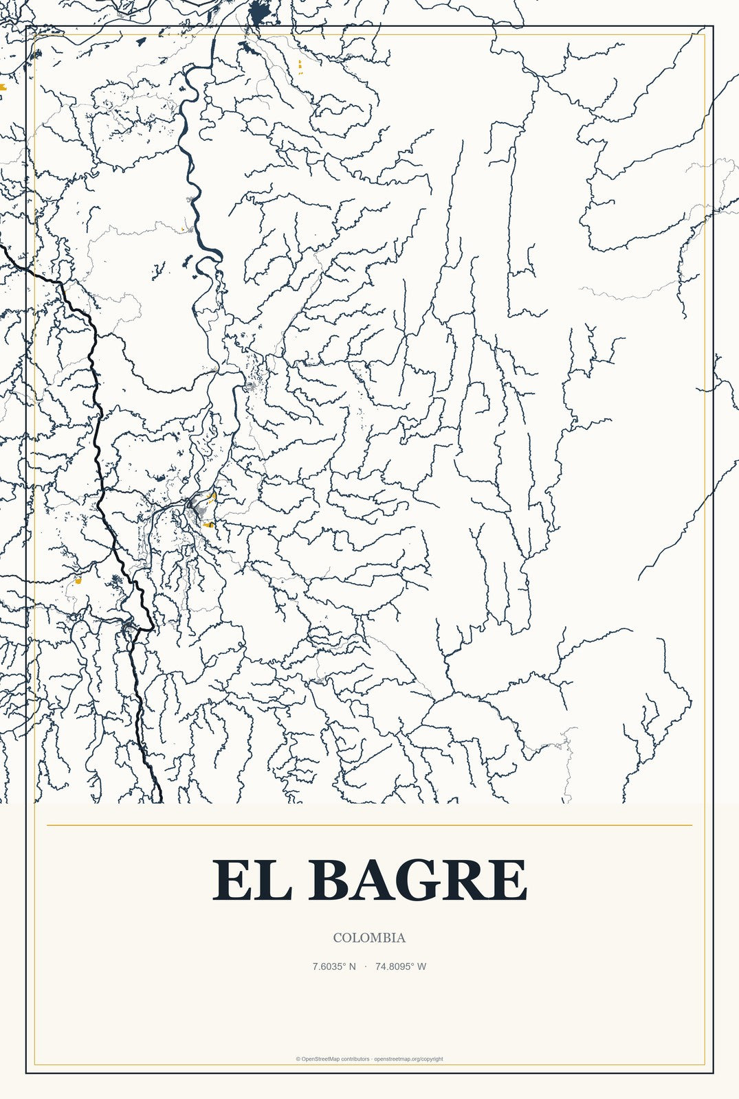 El Bagre, Colombia City Map Aluminum Sign in Citrine Modern style