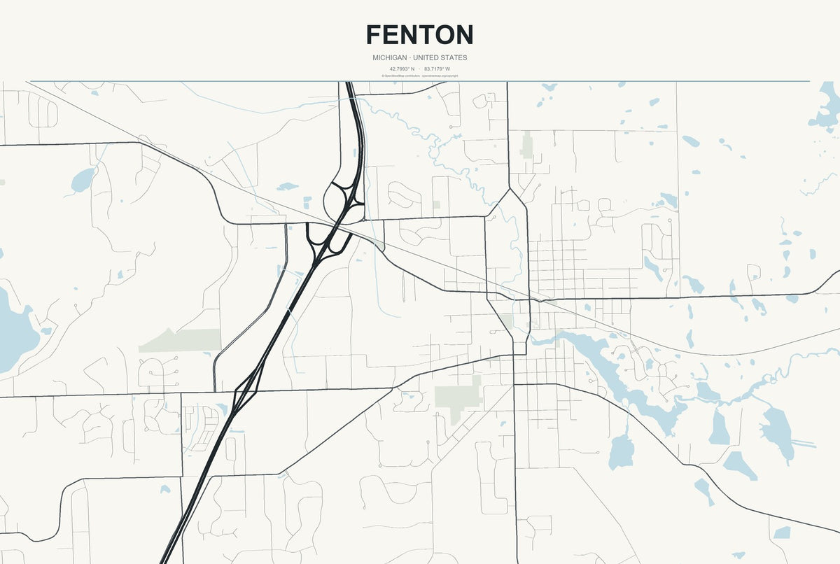 Fenton, Michigan City Map Aluminum Sign in Headline Atlas style