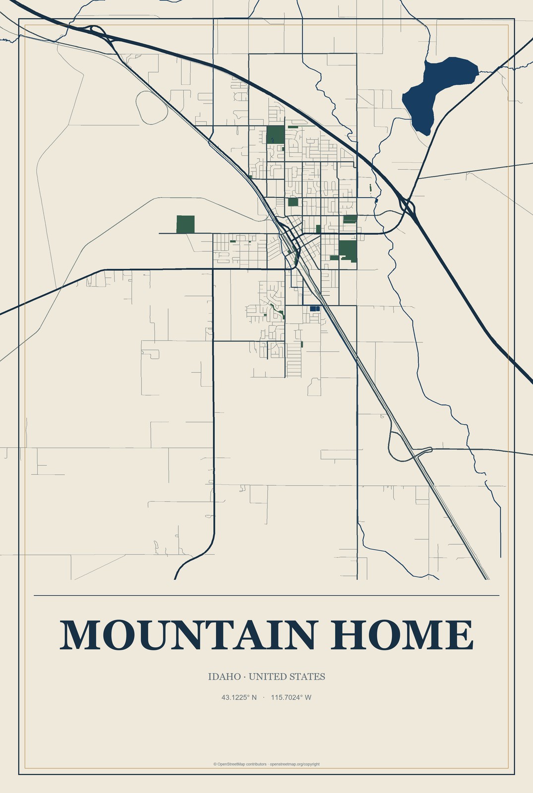 Mountain Home, Idaho City Map Aluminum Sign in Coastal Cutout style