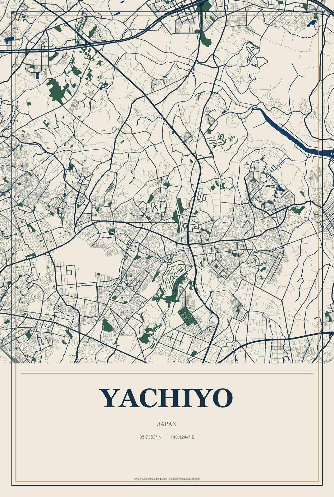 Yachiyo, Ibaraki, Japan City Map Aluminum Sign in Coastal Cutout style